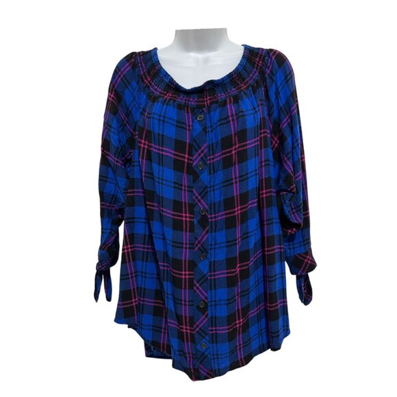 Paper Tee 3X Blue Womens Plus Blouse Plaid Off-Shoulder Button-Up Top Tie-Sleeve - Picture 1 of 11